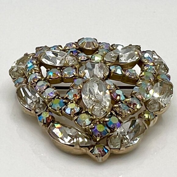 Large Vintage 1950s Heart Shaped Rhinestones Brooch Pin Layered - Picture 2 of 12